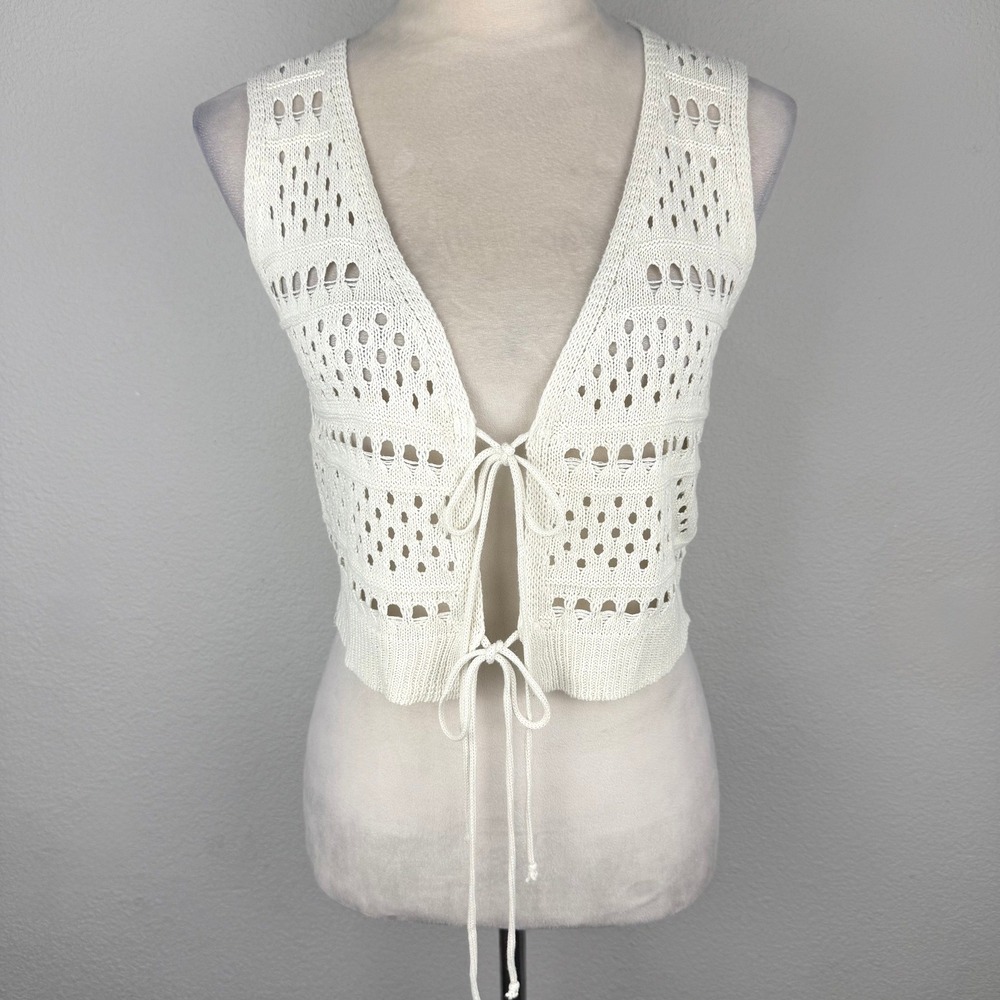 Cha Cha Cream Open Knit Tie Front Cropped Vest Medium Boho Pointelle Layering